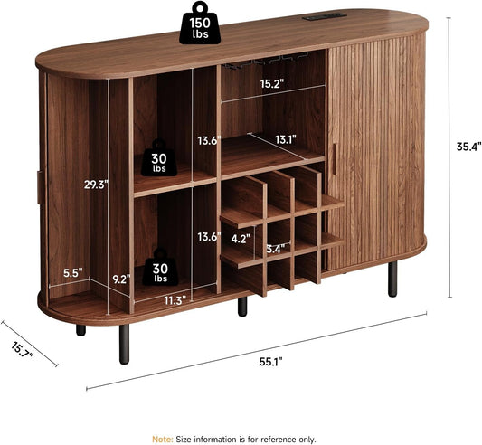 55" Wine Bar Cabinet with LED Light,Modern Liquor Whiskey Coffee Station with Wine Rack and Glass Holder, Farmhouse Buffet Sideboard with Storage for Living Room, Kitchen, Entryway (Walnut)