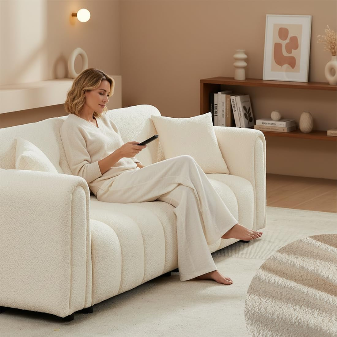 91.5" Mid-Century Modern Cloud Sofs, Comfy Boucle Couch with Rolled rms nd Soft Pillows, Upholstered Sherp Loveset Sofs for Living Room, prtment, Home Office, Crem White