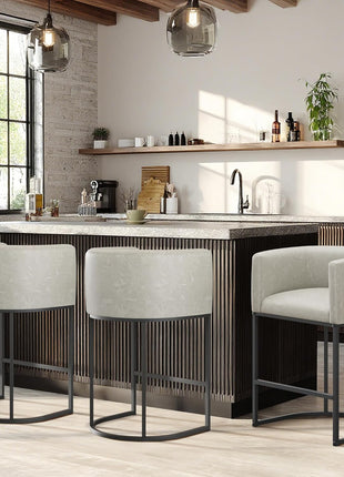 Set of 4 Contemporary 24-Inch Faux Leather Counter Height Bar Stools with Metal Legs and Back Footrest in Greige (White)