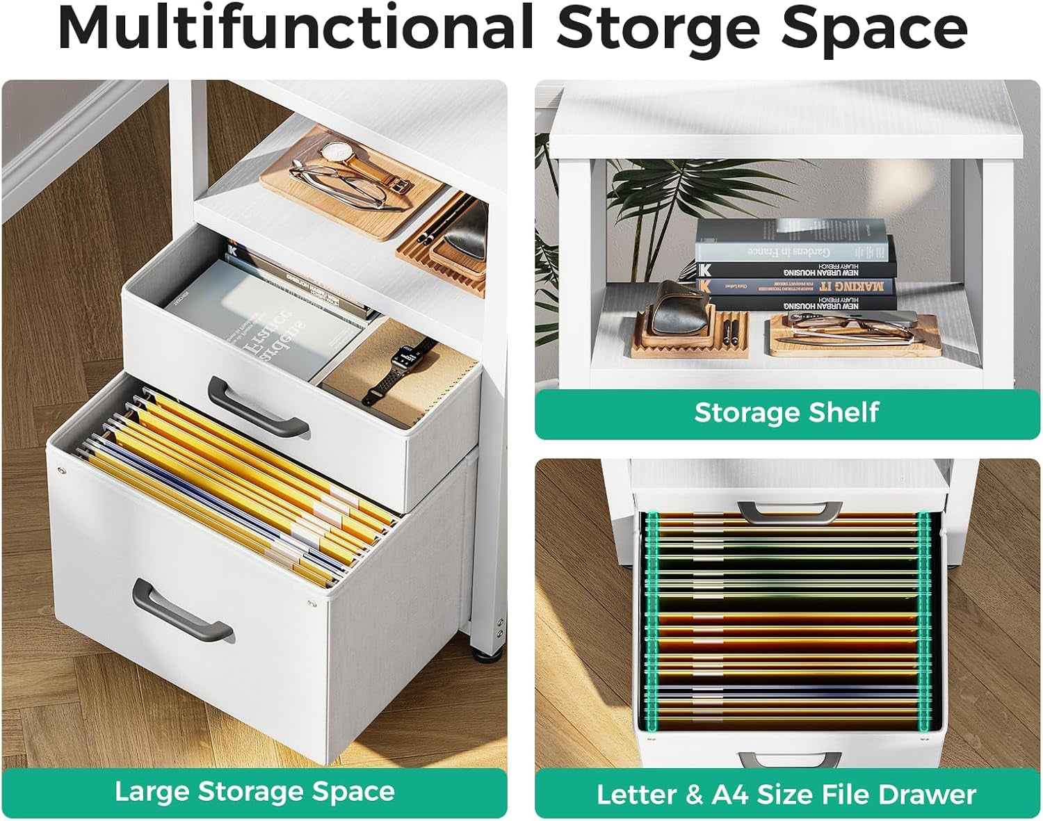 L Shaped Computer Desk with 6 Drawers & Power Outlet, 55 Inch Corner Desk with Reversible Storage Shelf & File Drawer, Home Office Desk, White