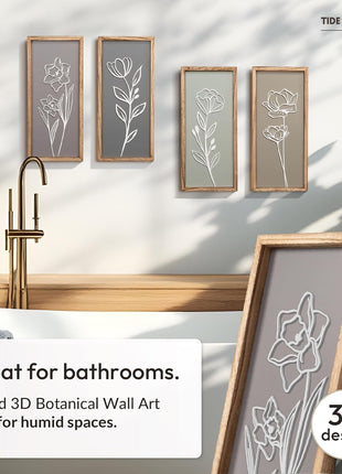 3D Wooden Floral Wall Art Set (4 Pieces) - Lightweight, Ready-to-Hang Framed Decor for Living Spaces - Premium Boho Botanical Farmhouse Decorations - Gift-Boxed