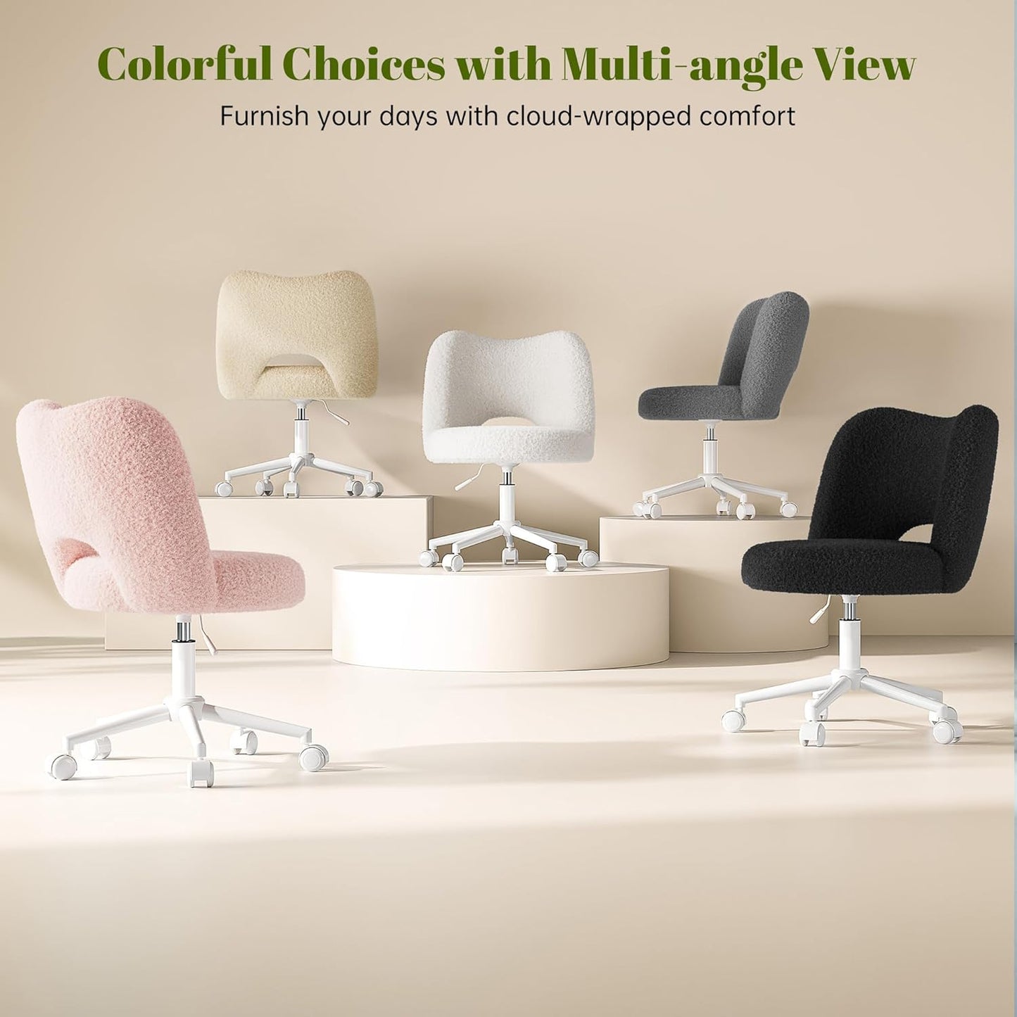 Vanity Chair with Wheels Armless, White Vanity Chair with Back,Ultra-Plush Fleece Cute Desk Chair, Small Office Chair Height Adjustable,For Make-Up Room,Bedroom