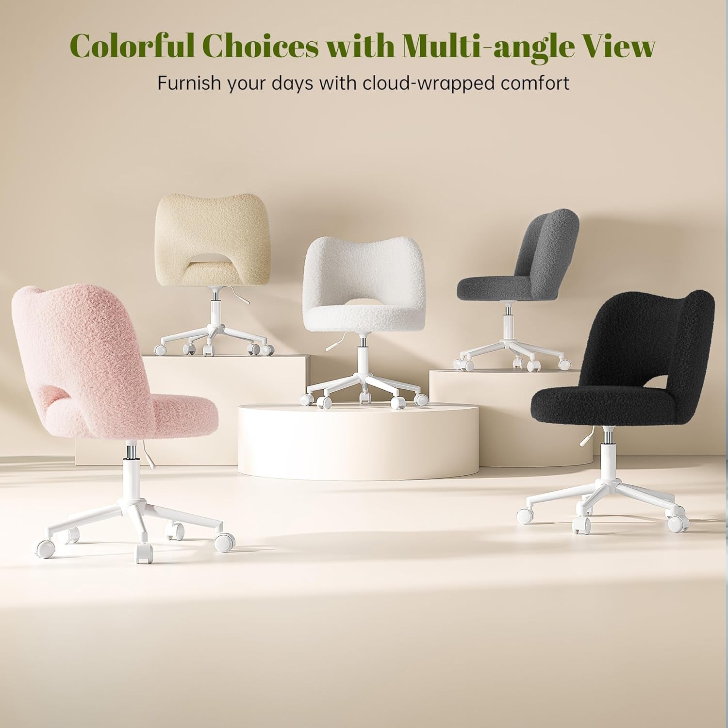 Vanity Chair with Wheels Armless, White Vanity Chair with Back,Ultra-Plush Fleece Cute Desk Chair, Small Office Chair Height Adjustable,For Make-Up Room,Bedroom