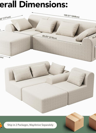 105.5" Cloud Boneless L-Shaped Sectional Sofa for Living Room, 4-Seater with Ottoman and 4 Pillows, Deep Seat Chenille Upholstery, No Assembly Required (Beige)