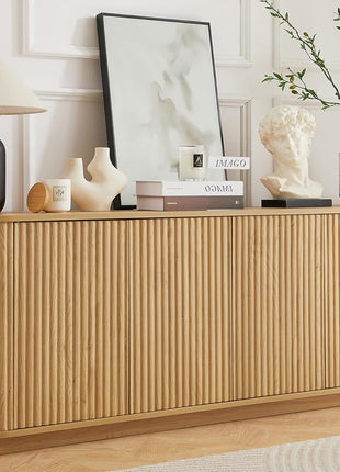 64" Wooden Fluted Sideboard Buffet Cabinet with Adjustable Shelves for Kitchen and Living Room (Natural Oak Finish)