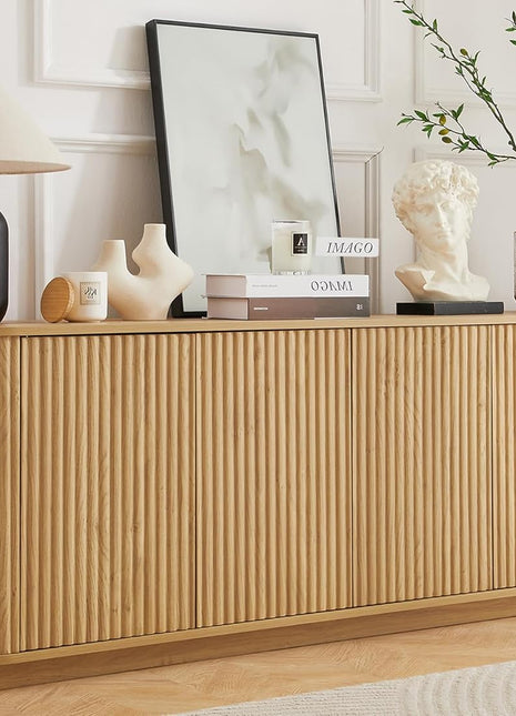 64" Wooden Fluted Sideboard Buffet Cabinet with Adjustable Shelves for Kitchen and Living Room (Natural Oak Finish)