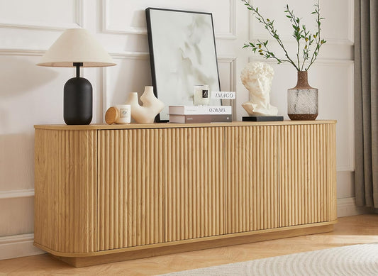 64" Sideboard Buffet Cabinet with Storage, Wooden Fluted Storage Cabinet Sideboard Credenza with Adjustable Shelves Pressed Spring for Kitchen Living Room (Natural Oak)