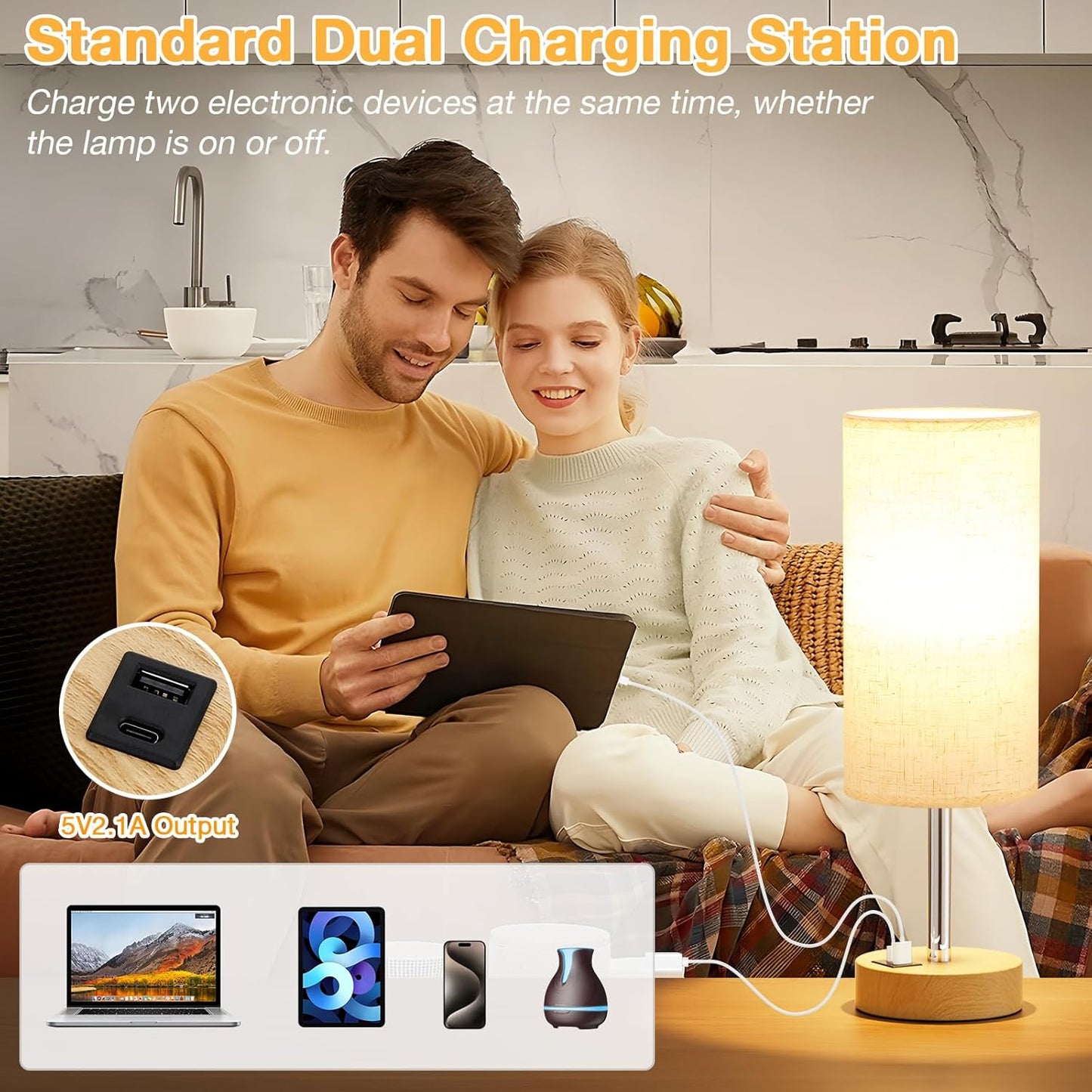 Touch Bedside Table Lamp with USB - 3 Way Dimmable Wood Lamp for Bedroom Nightstand, Desk Lamp with Charging Station for Dorm, Living Room, Office, Kids Room, Small, 14In