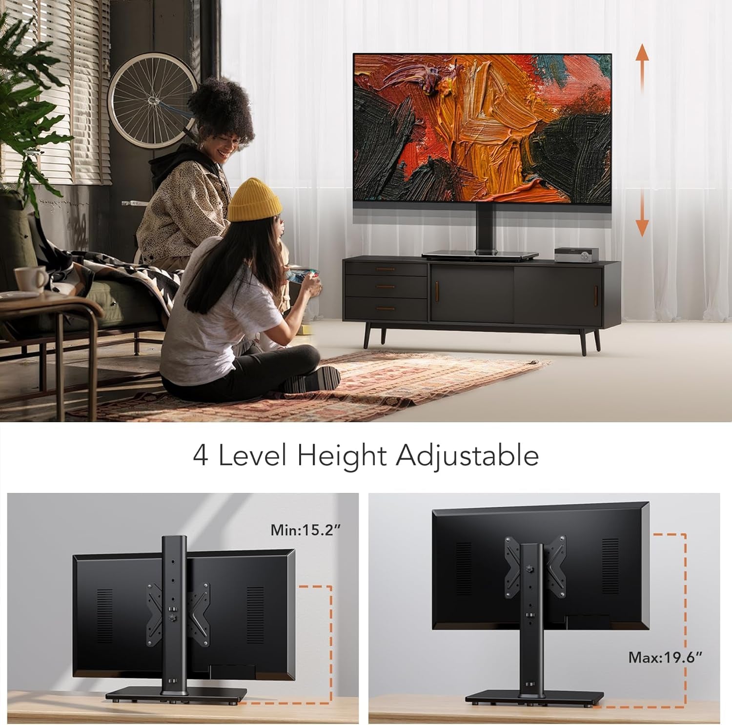 Universal Swivel TV /Table Top TV Stand for 19 to 43 Inch Tvs with 90 Degree Swivel, 4 Level Height Adjustable, Heavy Duty Tempered Glass Base, Holds up to 99LBS HT02B-001