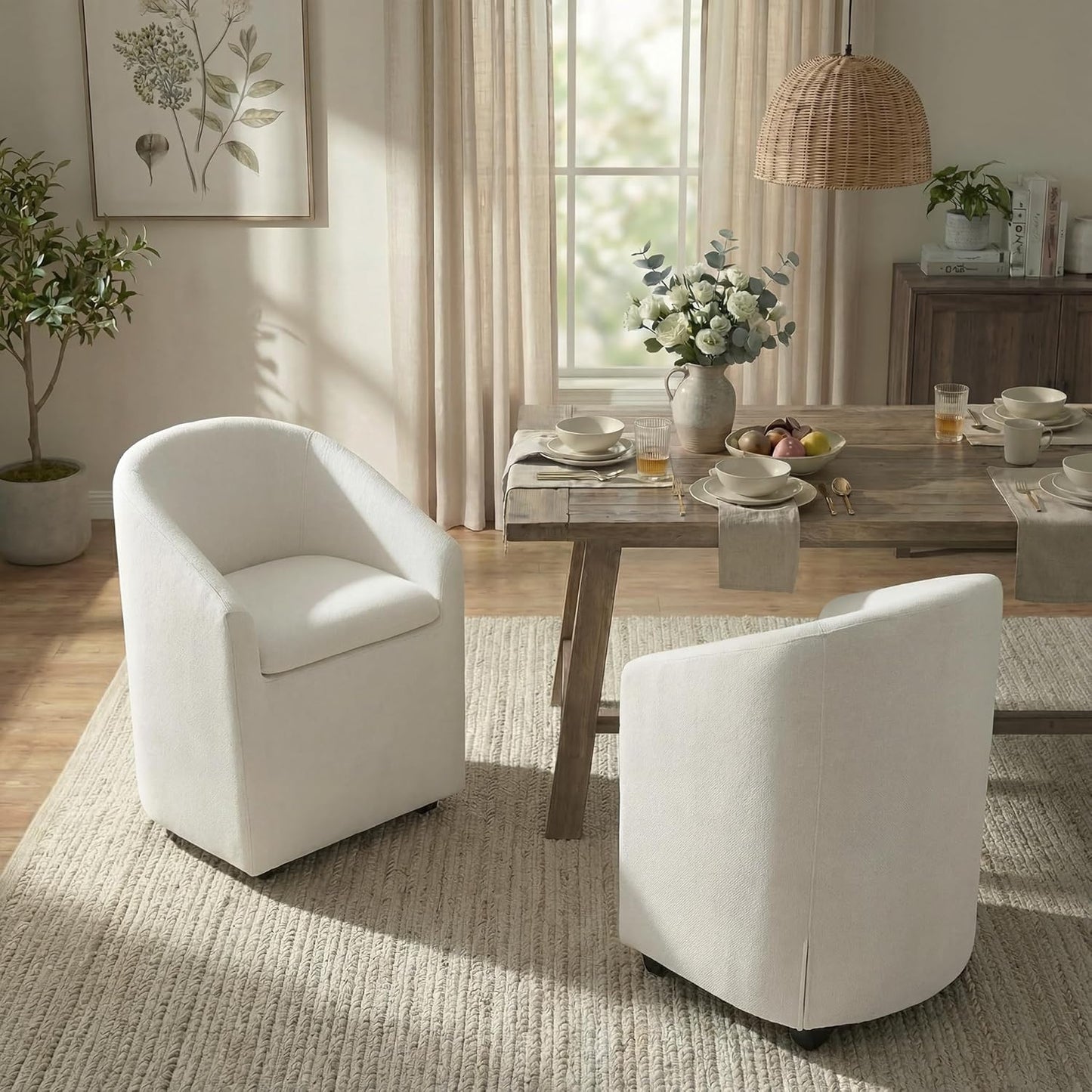 Upholstered Dining Chairs with Casters, Washable Cover Modern Dining Room Chairs with Barrel Backrest & Dual Armrest for Kitchen, Living Room, Bedroom, Linen Fabric, 4PCS