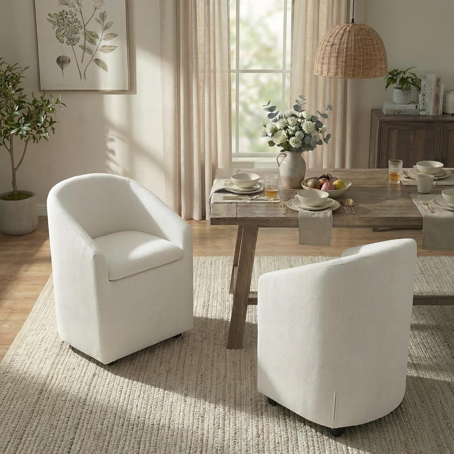 Upholstered Dining Chairs with Casters, Washable Cover Modern Dining Room Chairs with Barrel Backrest & Dual Armrest for Kitchen, Living Room, Bedroom, Linen Fabric, 4PCS