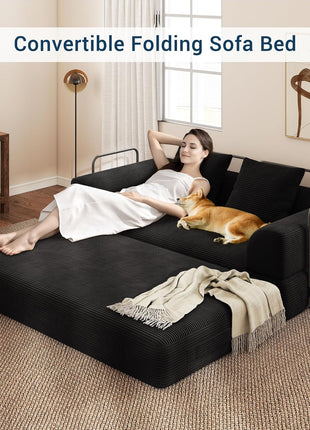 4-in-1 Convertible Sofa Bed - Luxurious 70" Boneless Sleeper Couch in Black Corduroy for Living Room and Bedroom