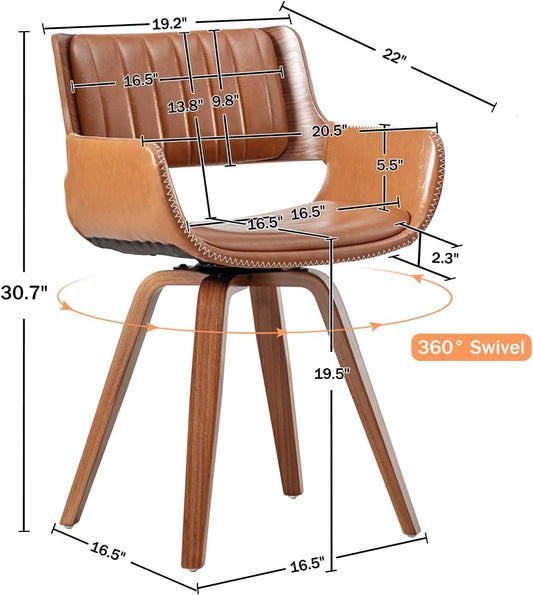 Swivel Accent Faux Leather Dining Chairs Set of 2 Mid Century Modern Chairs with Wooden Legs/Armrest/Upholstered Seat/Adjustable Foots for Kitchen Dining Room Desk Chairs(Brown)