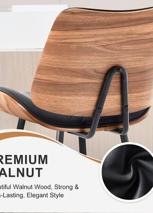 Set of 2 Modern Counter Height Barstools, 26.9" Armless Design with Metal Legs, Walnut Finish, PU Leather Bentwood Chairs for Home Counter, Kitchen Island, and Cafe (Black)