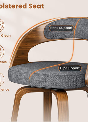 Set of 4 Mid-Century Modern 26" Upholstered Linen Fabric Swivel Bar Stools with Bentwood Legs and Back for Kitchen Island and Dining Room, Grey