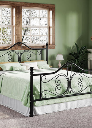 Full Size Metal Bed Frame with Butterfly Pattern Headboard and Footboard, No Box Spring Required, Easy Assembly, Black