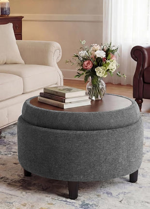 Round Fabric Storage Ottoman with Reversible Tray Lid – Versatile Footrest and Hidden Storage Solution, Durable and Elegant Small Coffee Table for Living Room, Bedroom, or Entryway (Dark Grey)