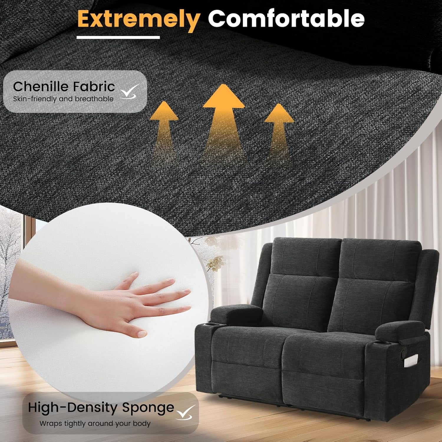 Loveseat Recliner Sofa, Double Recliner Loveseat with Adjustable Footrest & Cup Holder, Wall Hugger Sofa for Living Room & Home Theater & Rv(Black)