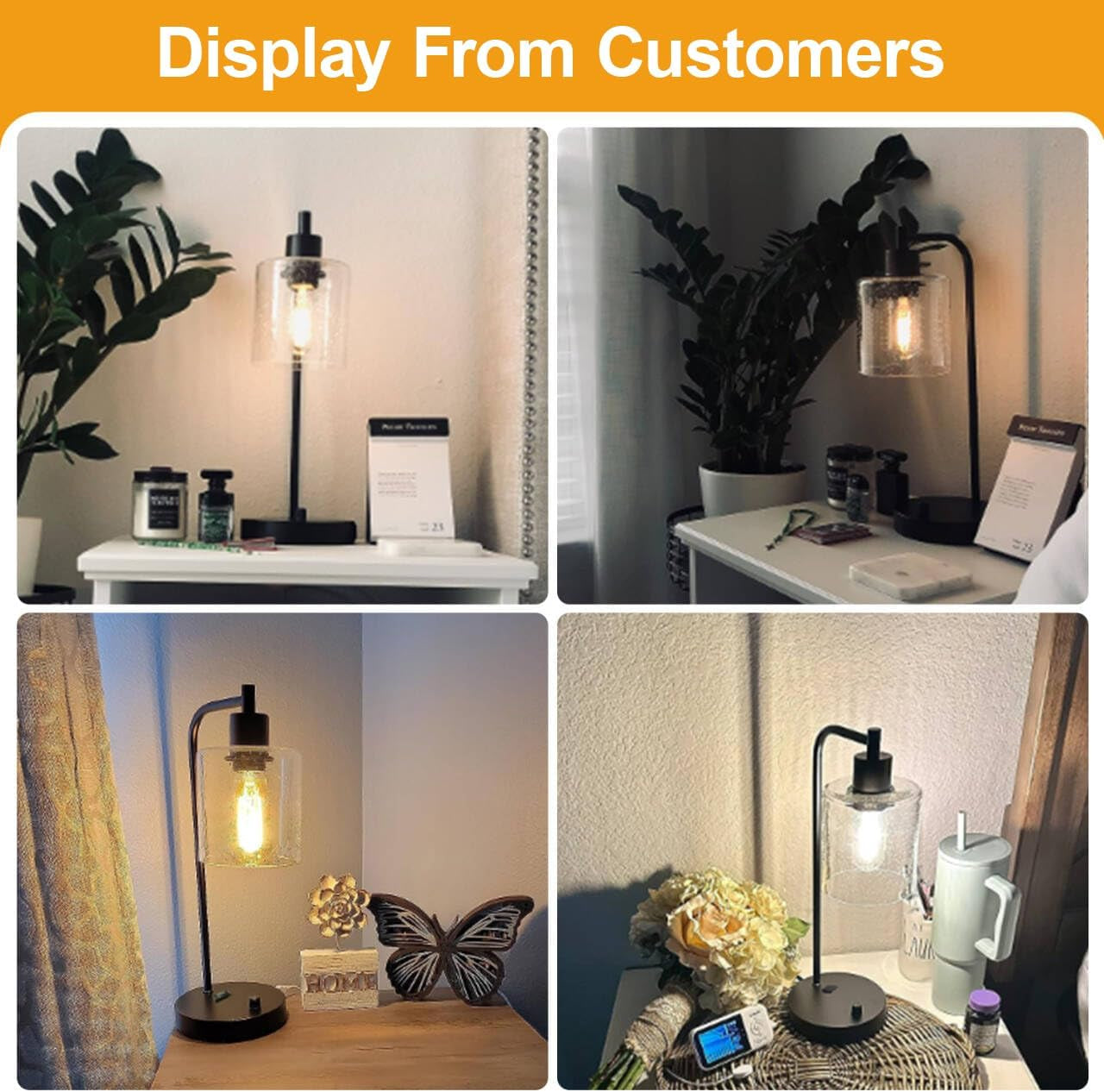 Set of 2 Industrial Table Lamps with USB C+A Ports and Outlet, Fully Stepless Dimmable Bedside Lamps for Bedrooms, Nightstand Desk Lamp with Glass Shade for Reading Living Room Office (Bulbs Included)