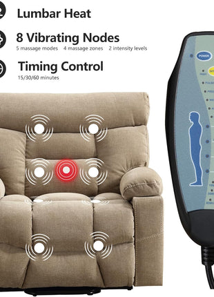 Dual Motor Power Lift Recliner Chair for Seniors – Extra Wide 27" Seat, 450 lbs Capacity, Infinite Position Adjustment, Heated Massage, Cup Holders, and USB Port in Camel Fabric