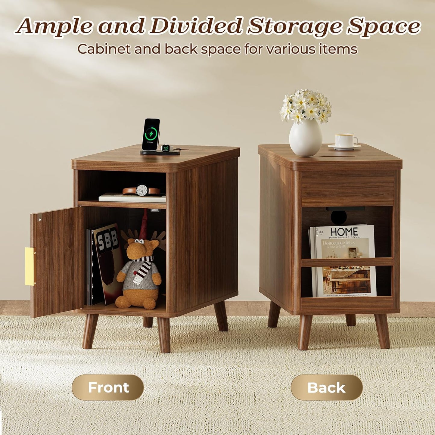 Narrow End Table with Charging Station, USB-C Port, Fluted Nightstand with Storage Cabinet, Back Rack, Farmhouse Side Table for Small Spaces, 13.4 × 23.6 Inch Night Stand, Walnut