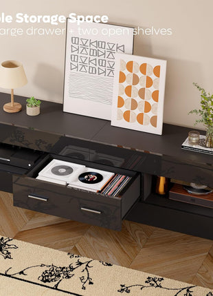 Contemporary Black TV Stand for 55-65 Inch TVs, High Gloss Finish with Stone-Patterned Side Panels, LED Entertainment Center with Ample Storage Drawer, Perfect for Living Room and Bedroom