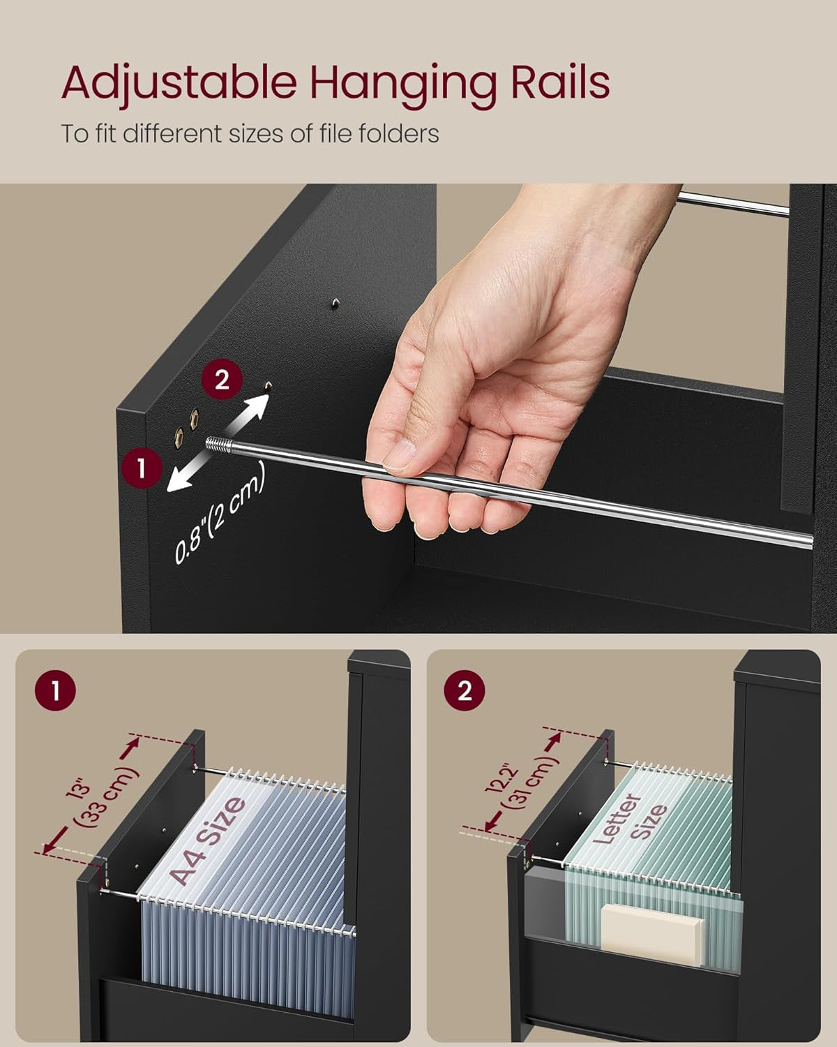 2-Drawer File Cabinet, Small Rolling Filing Cabinet for Home Office, Printer Stand, for A4, Letter-Size Documents, 15.7 X 16.5 X 27.6 Inches, Ink Black UOFC040B16