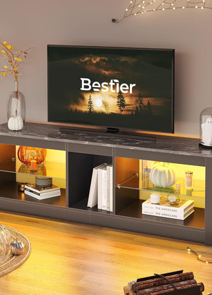 Contemporary LED Gaming TV Stand for 55-Inch TVs with Adjustable Glass Shelves, Black Marble Finish, Ideal for Living Room and Bedroom