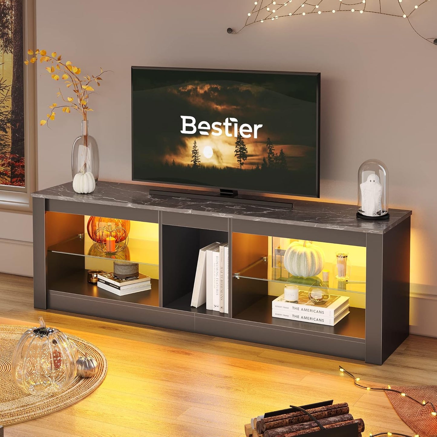 LED Gaming TV Stand for 55 Inch TV, Entertainment Center with Adjustable Glass Shelves, Modern TV Console for Living Room & Bedroom, Black Marble