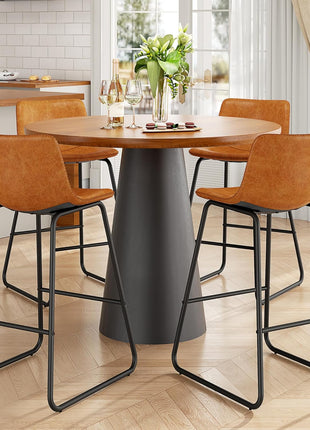 Set of 4 Contemporary PU Leather Counter Height Bar Stools, 26" Armless Dining Chairs with Metal Legs and Footrest in Brown