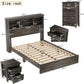 4-Pcs Queen Size Bed Frame Dresser Night Stand Bedroom Set, Platform with USB Charging Ports Storage Headboard & 1 X 5 Drawers Cabinet & 2 X Nightstands, Wooden, Antique Grey