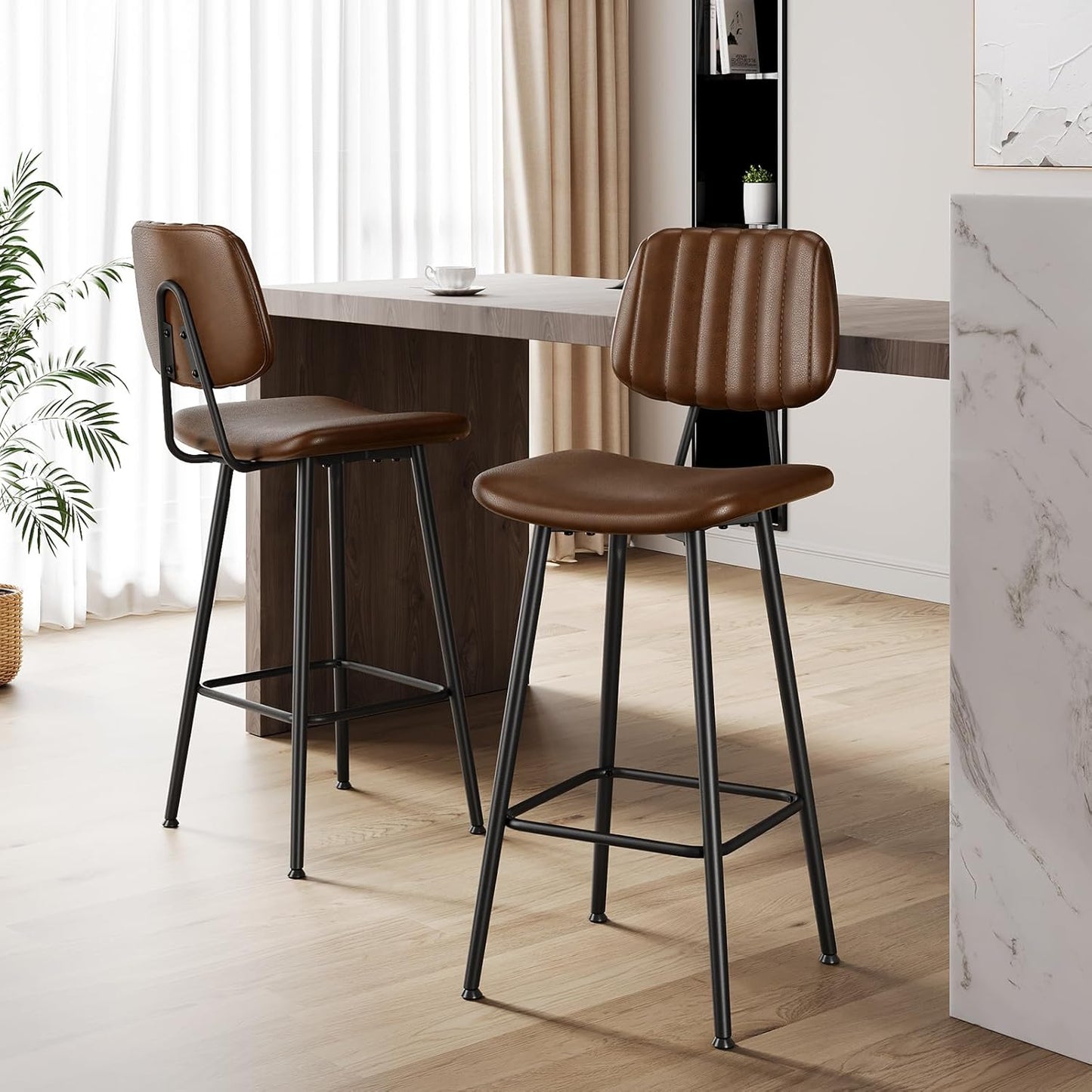 29-Inch Leather Bar Stools Set of 2, Counter Height Barstools with High Backrest，Bar Chairs for Kitchen Island with Heavy Duty Metal Legs, Dark Brown