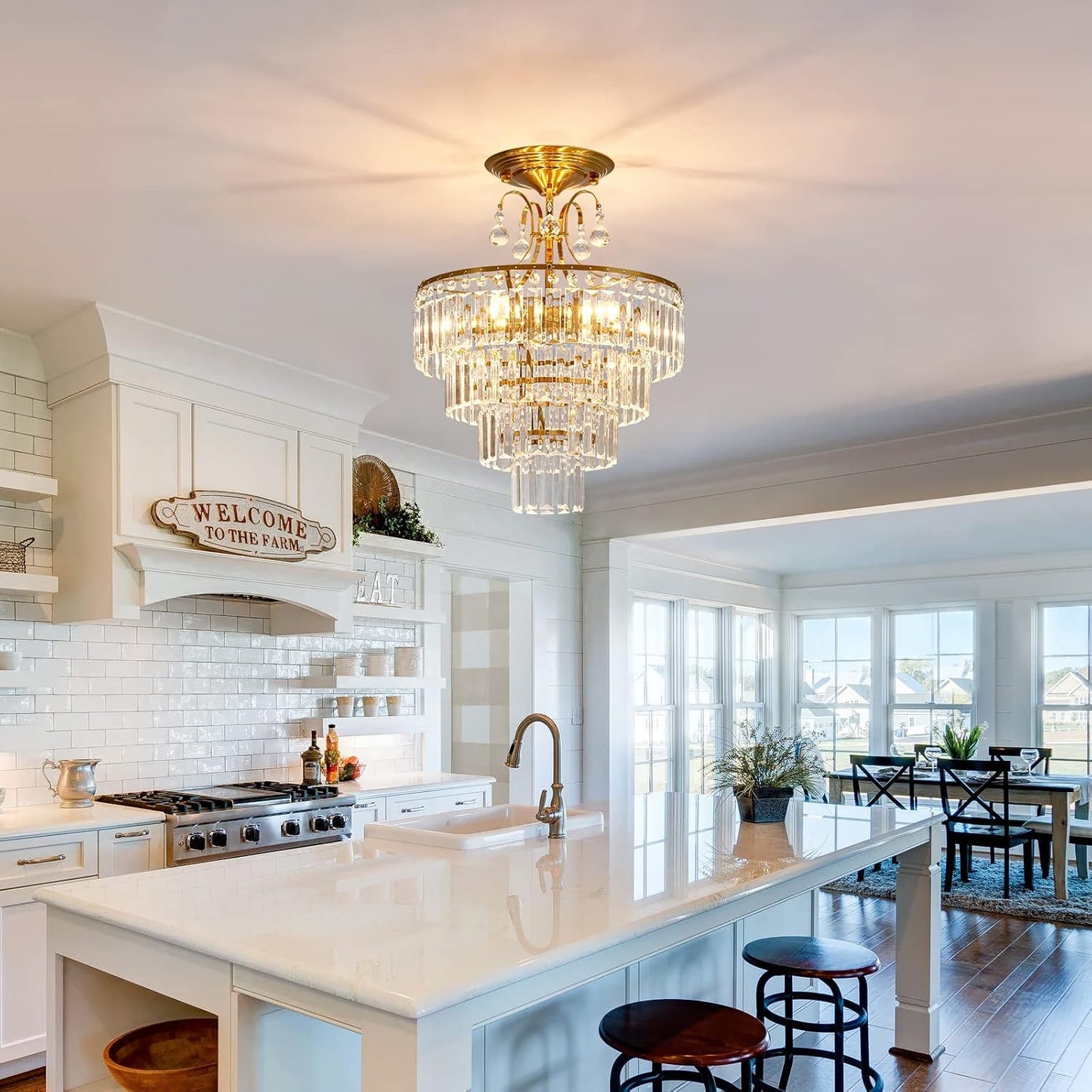 5 -Lights Crystal Gold Chandelier Fixture Modern Semi Flush Mount Ceiling Light with E12 Ceiling Lighting for Bedroom Living Room Kitchen Hallway Dining Room,D15.35 X H20.07