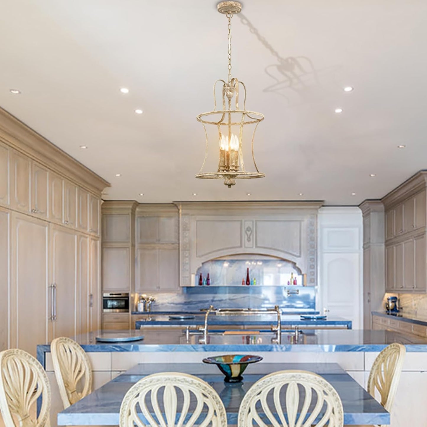 French Country Lantern Chandelier 4-Light Distressed White Pendant Light Fixtures with Chain Modern Farmhouse Lantern Pendant Lighting for Kitchen Island Dining Room