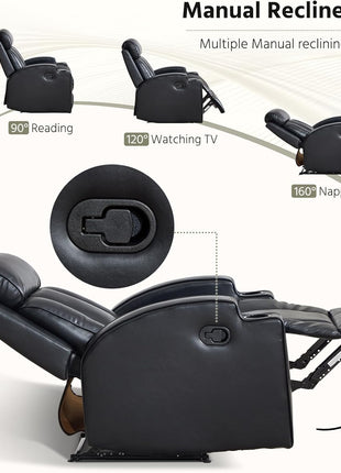 Premium PU Leather Manual Recliner Chair for Adults with Cup Holders and Padded Backrest, Overstuffed Heavy Duty Reclining Sofa for Living Room and Bedroom, Black