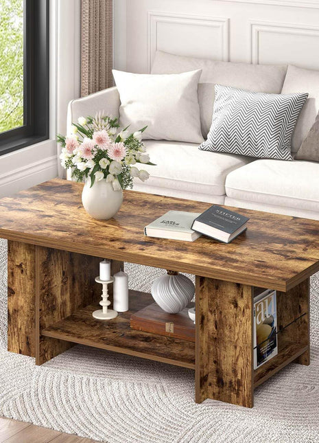 Rustic Brown 47-Inch Rectangular Coffee Table with Storage and Side Shelves for Living Room