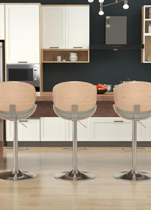 Set of 4 Adjustable Height Swivel Bar Stools with Footrest, PU Leather Upholstery and Bentwood Design for Kitchen, Bar, and Dining Room (Grey)