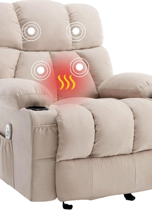 Ergonomic Massage Rocker Recliner Chair with Heat and Vibration - Overstuffed Lounge Chair for Living Room with 4 Side Pockets and 2 Cup Holders in Grey