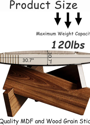 Contemporary Round Coffee Table with Tempered Glass Top, 30.7" x 30.7" x 16.1", Walnut Finish for Living Room Decor