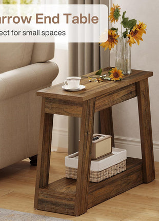 Rustic Brown Wooden End Table with Dual Storage Shelves - Slim Accent Nightstand for Living Room and Bedroom