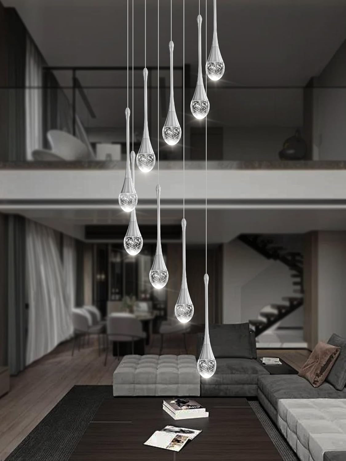 9-Lights Crystal Chandeliers for Staircase Modern Chandeliers for High Ceilings Crystal Pendant Light Fixture for Living Room Kitchen Island Foyer Hallway Bar