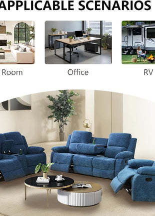 2-Piece Manual Recliner Sofa Set with Cup Holders and Storage Console, 3-Seater and 2-Seater Fabric Couches for Living Room, Meeting Room, or RV - Blue