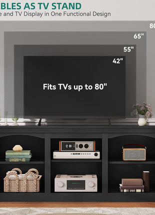 Farmhouse Style TV Stand with Cord Management for 75/80 Inch TVs, Adjustable Shelving and Open Storage, 70-Inch Entertainment Center in Black