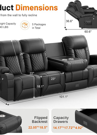 4-Seater Dual Reclining Sofa with Flip-Back Console, Modern PU Leather Couch for Living Room/RV, Featuring Storage Drawer, USB Ports, Cup Holder, and Cell Phone Holder in Black