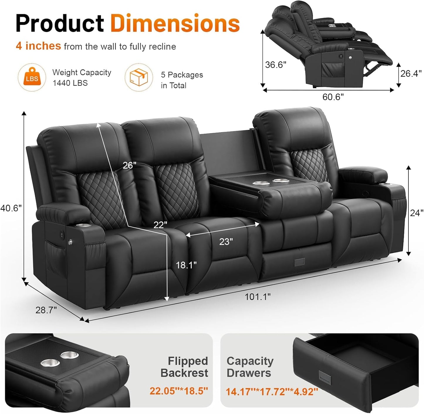 Recliner Sofa, 4 Seater Dual Reclining Sofa with Flip Back Console, Modern PU Leather Recliner Couch for Living Room/Rv, with Storage Drawer, USB Ports, Cup Holder, Cell Phone Holder, Black