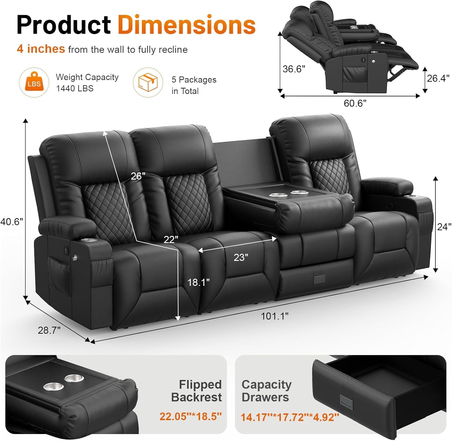 Recliner Sofa, 4 Seater Dual Reclining Sofa with Flip Back Console, Modern PU Leather Recliner Couch for Living Room/Rv, with Storage Drawer, USB Ports, Cup Holder, Cell Phone Holder, Black