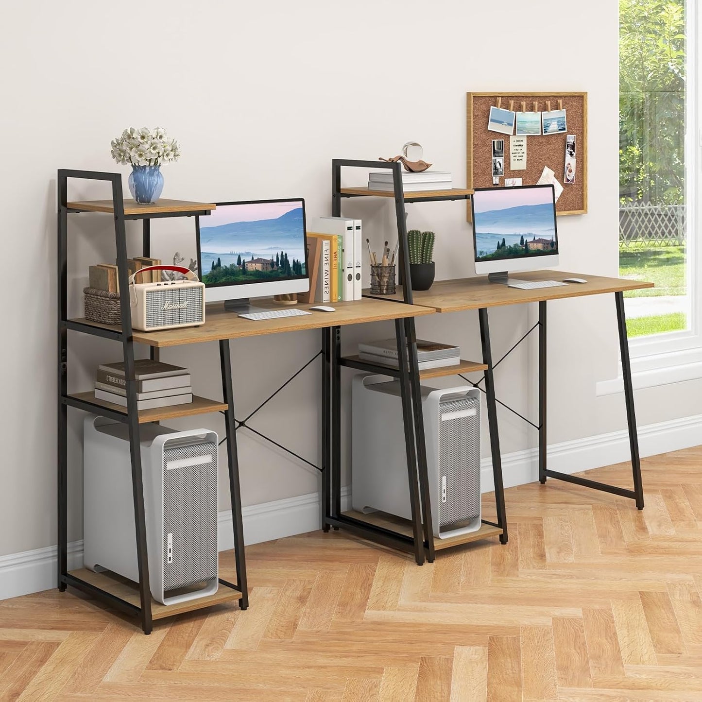 Computer Desk with 4-Tier Storage Shelves, Home Office Desk Writing Table with Sturdy X-Shape Frame, Adjustable Foot Pads, Modern Small Study Desk, Wide Tabletop (Natural and Black)
