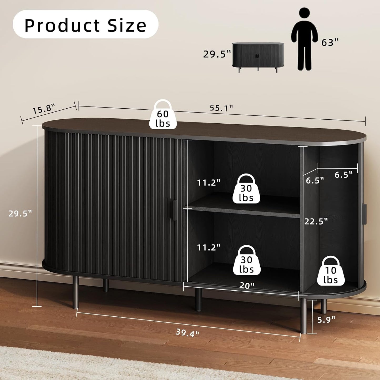 Buffet Sideboard Cabinet with Storage, 55" Fluted Cabinet with Sliding Door & Adjustable Shelf, Modern Accent Coffee Bar Console Table for Kitchen, Entryway, Black