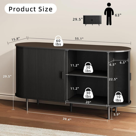 Buffet Sideboard Cabinet with Storage, 55" Fluted Cabinet with Sliding Door & Adjustable Shelf, Modern Accent Coffee Bar Console Table for Kitchen, Entryway, Black