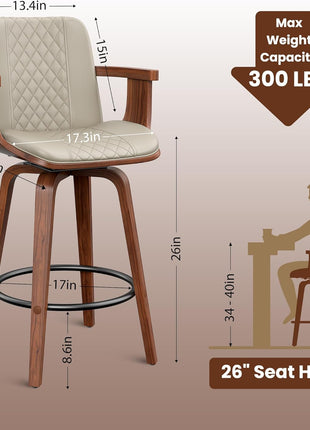 26-Inch Swivel Counter Height Bar Stools with Wooden Legs and Backs, Upholstered PU Leather Bentwood Frame Chairs with Armrests for Kitchen Islands and Dining Rooms in Greige